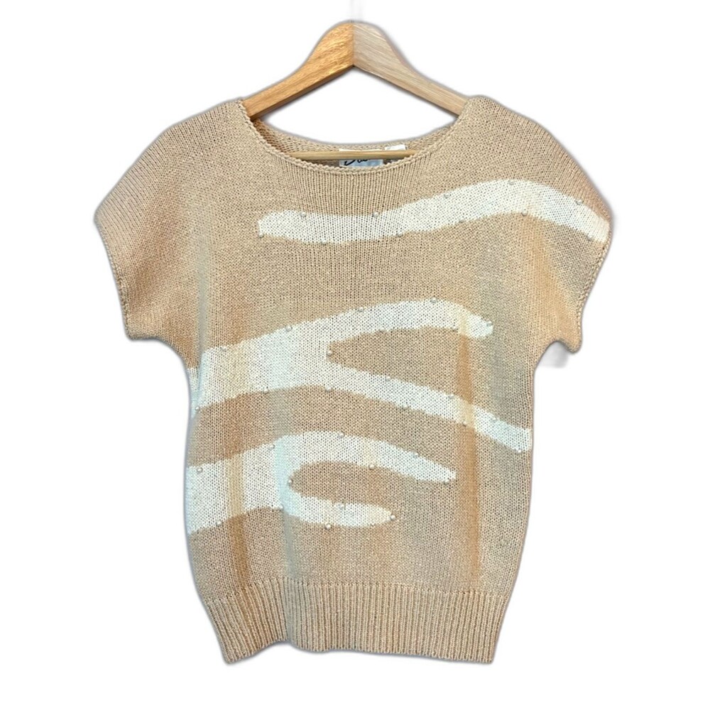 Vtg 80s Duet Silk Blend Knit Sweater Small Abstract Print Tan Pearl Embellished